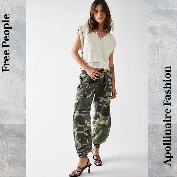 FREE PEOPLE SOUTH BAY UTILITY CARGO PANTS IN OLIVE COMBO LARGE NEW